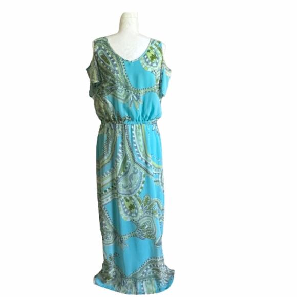 Chicos Maxi Dress Sienna Aqua Green Paisley Cold Shoulder Short Sleeve Medium - Picture 12 of 12